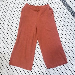 DownEast Linen Blend Wide Leg Crop Pants Terracotta Rust L with Pockets Pull On